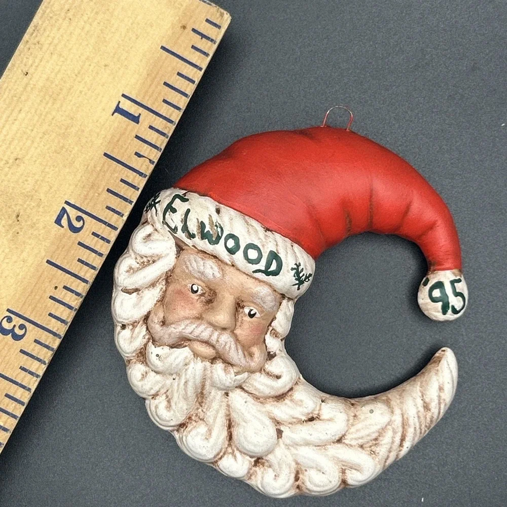 Santa Beard Christmas Ornament 1995 Molded Moon Ceramic Hand Painted Elwood
